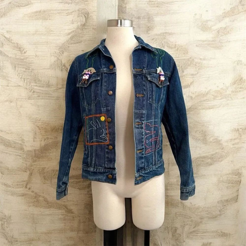 Vintage 90s Western Painted Denim Jean Jacket Coat Medium Wash Small